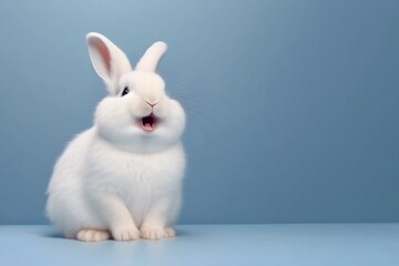 Adorable white bunny or rabbit pet with happy expression, isolated with copy space for Easter-themed background. Generative AI