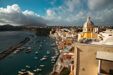 Beautiful fishing village, Marina Corricella on Procida Island, Bay of Naples, Italy.