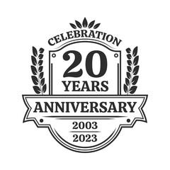 20 years anniversary icon or logo. Vintage birthday banner design. 20th anniversary yubilee celebration badge or label. Vector illustration.