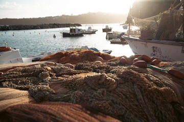 Fishing nets on Marina Corricella on Procida Island, Bay of Naples, Italy.