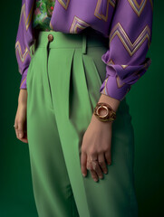 couture green fashion pants posing