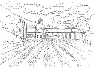 
Italy farm lavender fields patio coloring hand drawn on a white background masonry Provence old buildings
