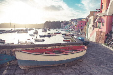 Beautiful fishing village, Marina Corricella on Procida Island, Bay of Naples, Italy.
