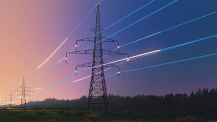 Electric Power Transmission Towers During a Beautiful Sunrise. Early Morning Footage with Digital Visualization of Electric Grid. Concept of Eco-Friendly Environment and Green Energy - Powered by Adobe