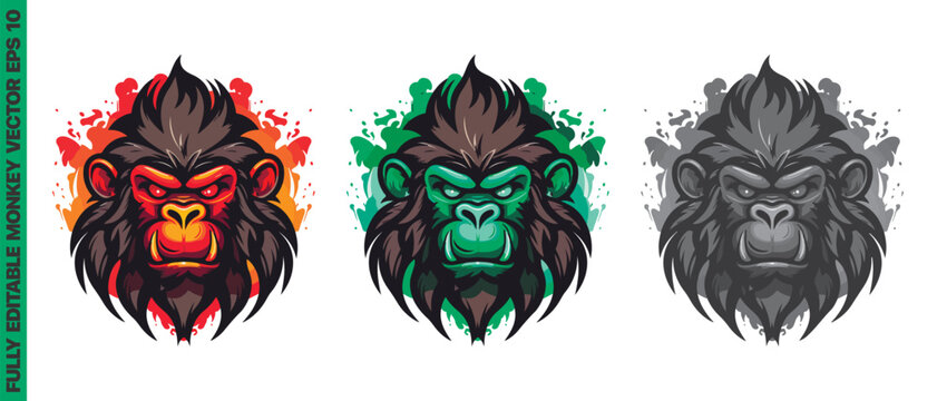 Angry monkey ape mascot character cartoon logo for sport team. Fully editable vector monkey head