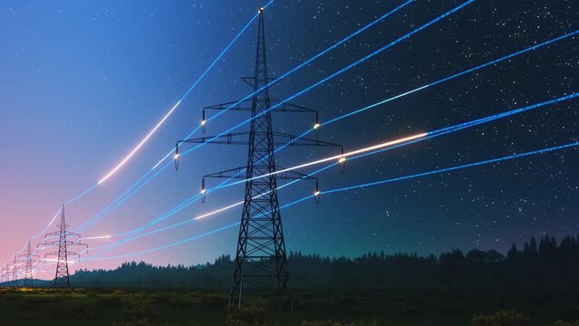 Power Transmission Lines with 3D Digital Visualization of Electricity. Scenic Footage with Night Sky Full of Bright Stars. Concept of Renewable Green Energy and Clean Ecological Environment