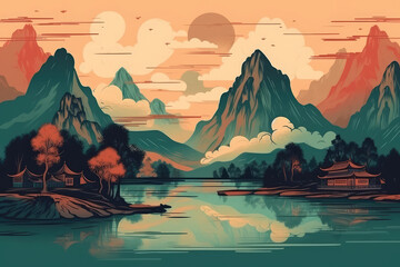 Minimalistic mountain landscape with watercolor  and texture in traditional oriental, Japanese style. Vector illustration, generative AI