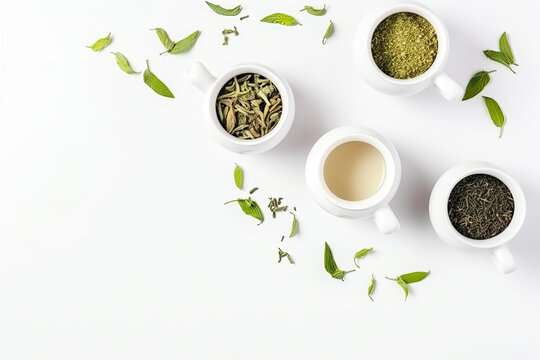 Top view mockup of teacups with teapot, organic green tea leaves and dried herbs on white table with copy space	