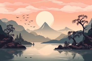 Minimalistic mountain landscape with watercolor  and texture in traditional oriental, Japanese style. Vector illustration, generative AI