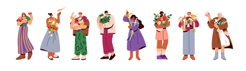 People holding hearts, stars, money, swords, flowers bouquet, achievement medals. Characters with different concept items in hands. Flat graphic vector illustrations set isolated on white background