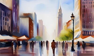 Pastel watercolor painting of the city, buildings, people, street, picturesque, illustration, painting, poster. AI generated. - obrazy, fototapety, plakaty
