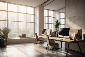 modern corporate room office desk workplace furniture window bright chair interior. Generative AI.