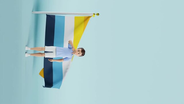 Vertical video of AroAce pride flag against blue background; 3D animation