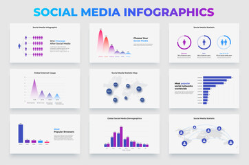 Set of social media infographic presentation slides. Charts, maps and statistic diagrams. Vector illustration for business data visualization