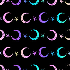 Obraz premium Cosmic pattern of colorful crescents and stars on a black background