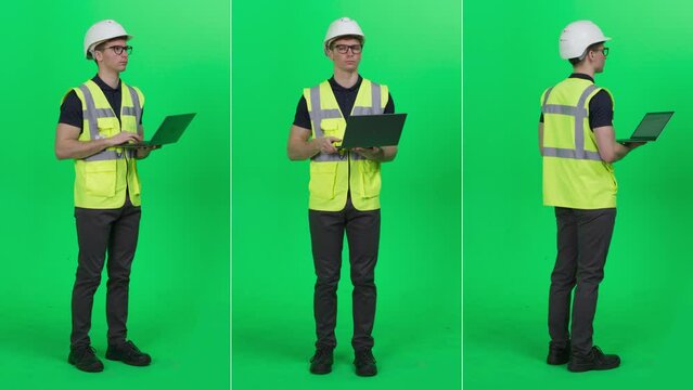 3-in-1 Green Screen Collage: Young Construction Worker Wearing a High-Visibility Vest and Hardhat, Using Laptop Computer. Best Value Package with Multiple Actor Angles. Chromakey Background Montage