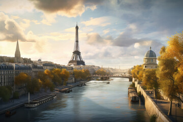 Fototapeta na wymiar View of the Eiffel Tower and the Seine river in Paris, France, Generative Ai