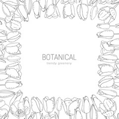 Hand-drawn vector Tulip bud square frame, Easter border of tulips with leaves 