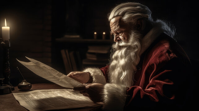 Santa Claus reading letters realistic isolated background. Al generated