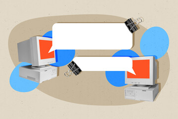 Creative collage image of two retro pc monitors empty space dialogue bubble isolated on painted...