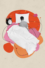 Vertical collage image of black white gamma guy sleeping cushion blanket bell ring clock isolated on drawing background