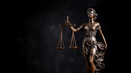 Law and Justice concept image. Themis, symbol of law on dark background. - obrazy, fototapety, plakaty