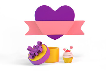 Cupcake with Gift Box and Heart Frame Front Side In White Background