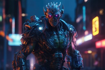 Fototapeta na wymiar Neon Cyber Orc: The Fierce Warrior - A mean-faced cyberpunk orc in battle gear strikes a dynamic pose against a blacklight night city lights backdrop. Generative AI 2