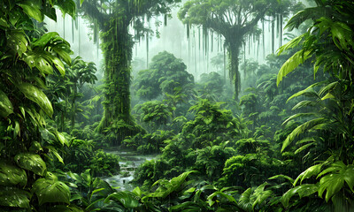 Naklejka na ściany i meble Green rainy rainforest with dark sky, wet palms, trees, leaves and fern plants, puddles and fog. Background design. illustration & digital painting, generative ai