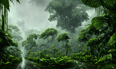Green rainy rainforest with dark sky, wet palms, trees, leaves and fern plants, puddles and fog. Background design. illustration & digital painting, generative ai