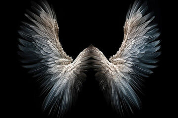 A black and white angel wing is shown on a black background. Generative AI