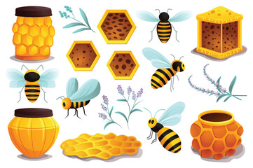 Concept Bees and honey. This flat cartoon design features a set of cute bees and honey-related elements on a clean white background. Vector illustration.