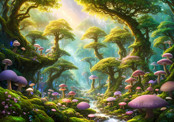 Enchanted fairy tale forest with large mushrooms, trees, rivers streams and rays of light between the canopies of leaves, Alice in Wonderland, illustration & digital painting, generative ai  - 593900886
