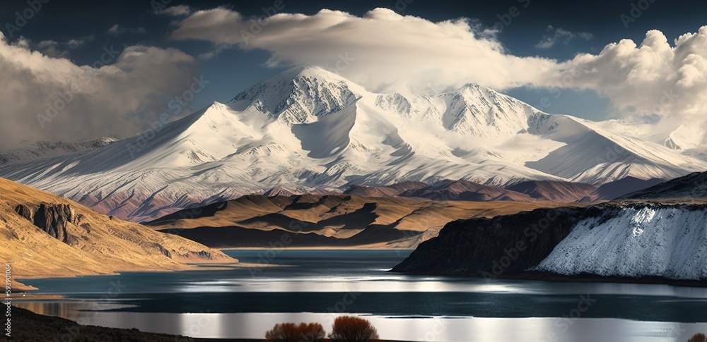Poster scenic view of the azat reservoir in armenia with a snow-capped mountain range generative ai
