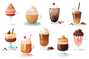 Concept Coffee. This flat cartoon design showcases a set of various coffee drinks with whipped cream and toppings on a clean white background. Vector illustration.