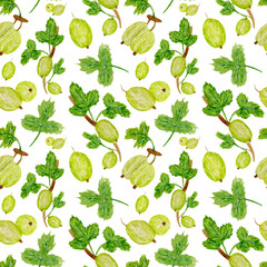 Watercolor pattern, gooseberries with green leaves on white background. Pattern for kitchen fabric, various products etc