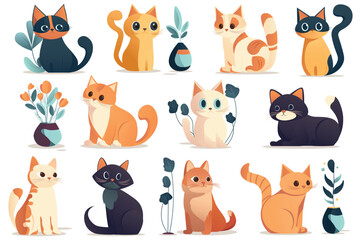 Concept Cats. This flat cartoon design showcases a set of adorable cats with various facial expressions and poses on a plain white background. Vector illustration.