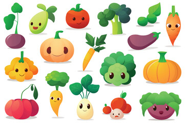 Concept Vegetables. This flat cartoon design depicts a set of different vegetables, such as tomatoes, carrots, and broccoli, in a stylized way on a white background. Vector illustration.