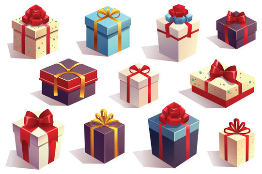 Concept Gifts. This flat cartoon design features a set of colorful and festive gifts, such as boxes, ribbons, and balloons, on a clean white background. Vector illustration.