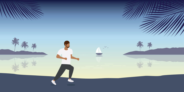 jogging man on summer landscape by the sea holiday design