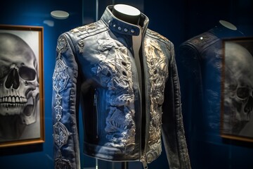 A jacket in blue color with a mysterious silver (white) embroidery is hanging on an exhibition stand, displaying a luxurious and high-end fashion design. Generative ai.