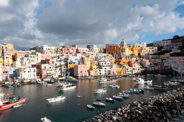 Aerial view of colourful fishermen's houses, on Procida Island, Bay of Naples, Italy.