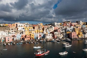 Fototapeta na wymiar Aerial view of colourful fishermen's houses, on Procida Island, Bay of Naples, Italy.