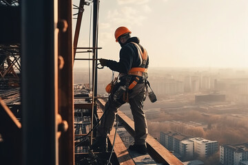 construction engineer worker at heights,architecture sci-fi construction working platform on top of building, suspended cables, fall protection and scaffolding installation