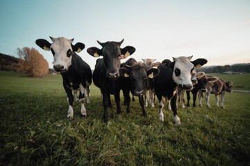 Herd of curious Dairy cattle (Bos taurus) walking towards the camera in a field