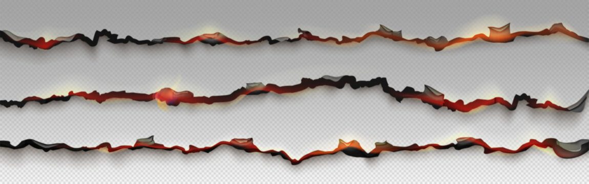 Realistic set orange fire burning paper edges isolated on transparent background. Vector illustration of parchment or document with ripped, damaged, smoldering uneven border destroyed by magic flame