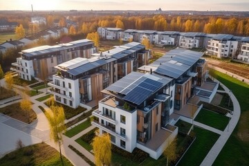 Houses with solar panels, drone view. Residential complex with solar energy system. Ecology friendly buildings. Generative ai