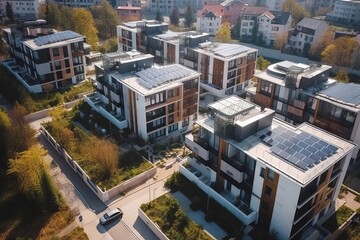 Fototapeta premium Houses with solar panels, drone view. Residential complex with solar energy system. Ecology friendly buildings. Generative ai