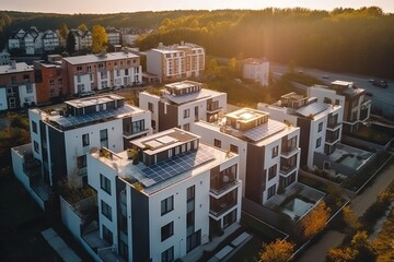 Fototapeta premium Houses with solar panels, drone view. Residential complex with solar energy system. Ecology friendly buildings. Generative ai