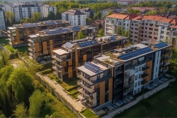 Houses with solar panels, drone view. Residential complex with solar energy system. Ecology friendly buildings. Generative ai